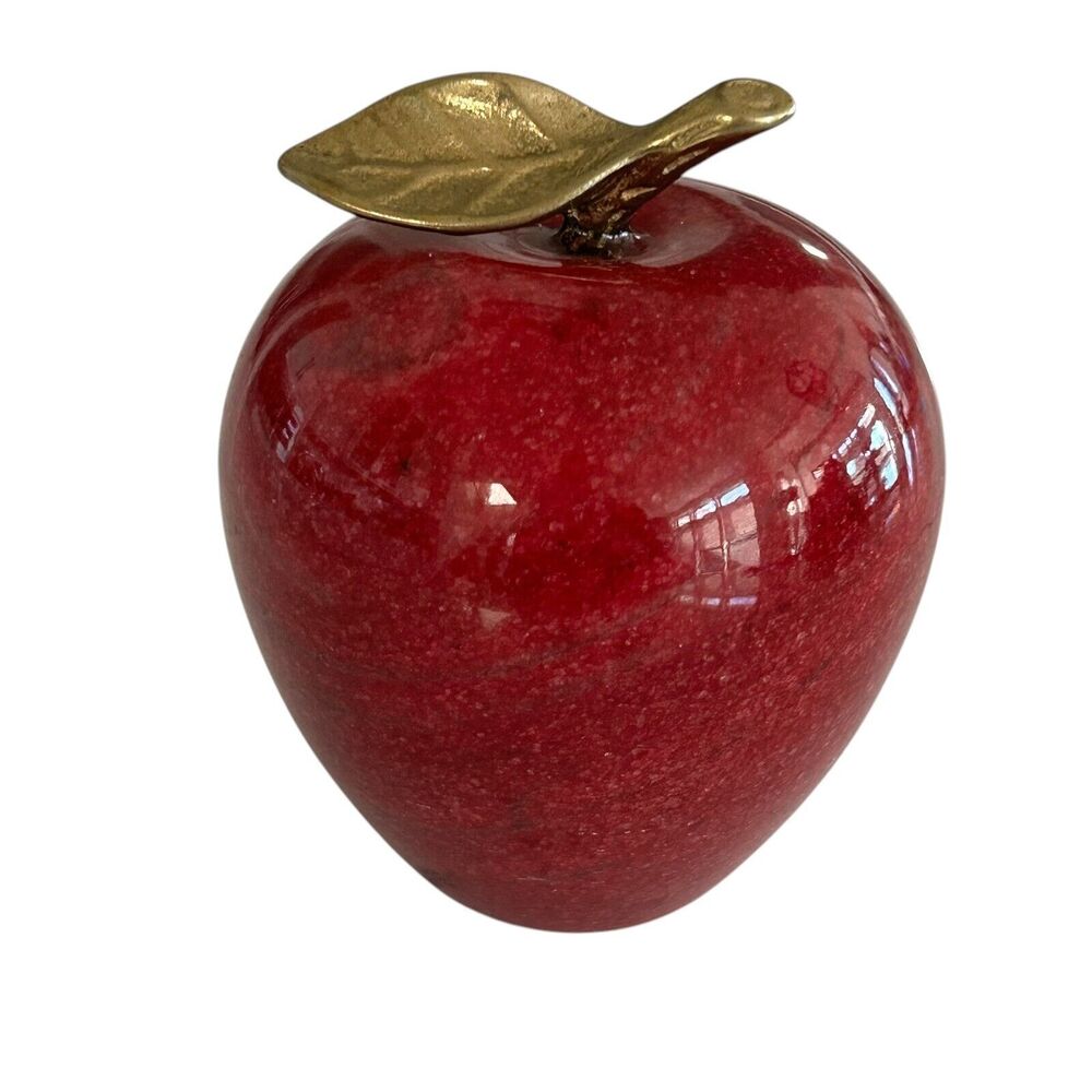 Vintage Red Alabaster Marble Stone Apple With Brass Stem & Leaf Paperweight